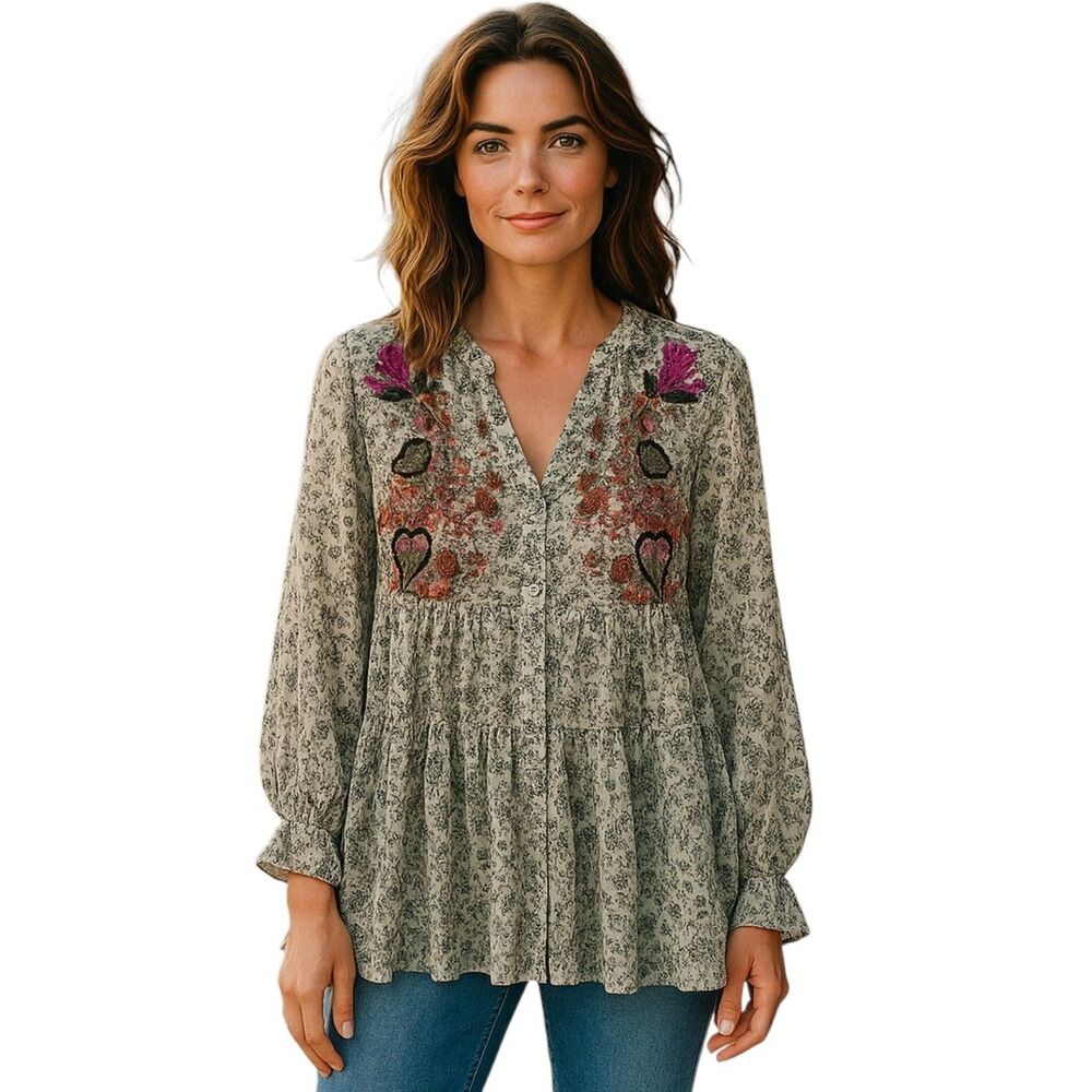 Maeve Embroidered Sheer Babydoll Tunic Medium